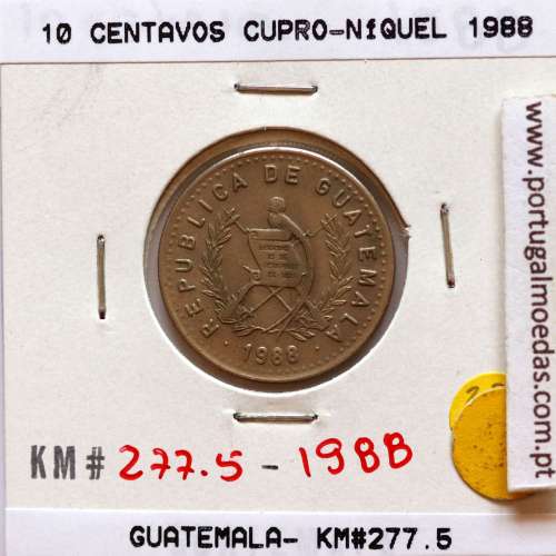 Guatemala, 10 centavos 1988 cupro-níquel, (MBC+), World Coins Guatemala KM 277.5