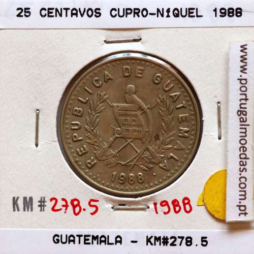 Guatemala, 25 centavos 1988 cupro-níquel, (MBC+), World Coins Guatemala KM 278.5