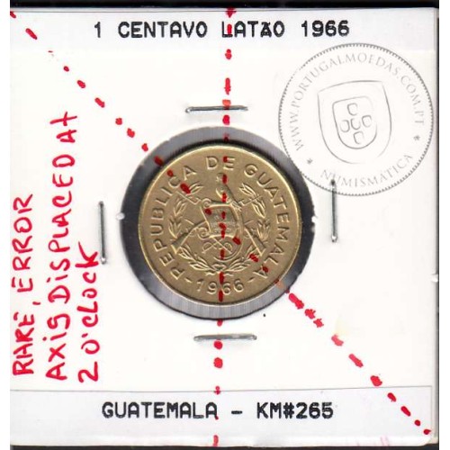 Guatemala, 1 centavo 1966 brass, Minting Error with Displaced Axis, (UNC/XF), World Coins Guatemala KM 265