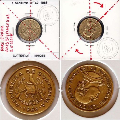 Guatemala, 1 centavo 1966 latão, Erro Cunhagem com Eixo Deslocado, (Bela/Soberba), World Coins Guatemala KM 265