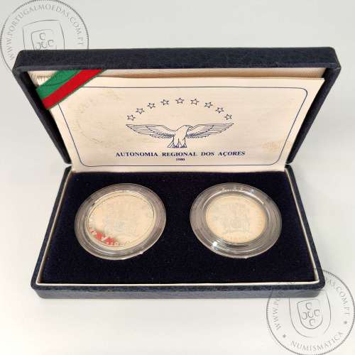 Prata Proof, 25 Escudos e 100 Escudos Região Autónoma dos Açores 1980,  Estojo moedas PROOF da Autonomia Regional dos Açores