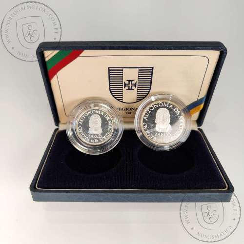 coins 25 Escudos and 100 Escudos Regional Autonomy of Madeira 1981, joint issue of Madeira 1981 coins in silver Proof, in Case