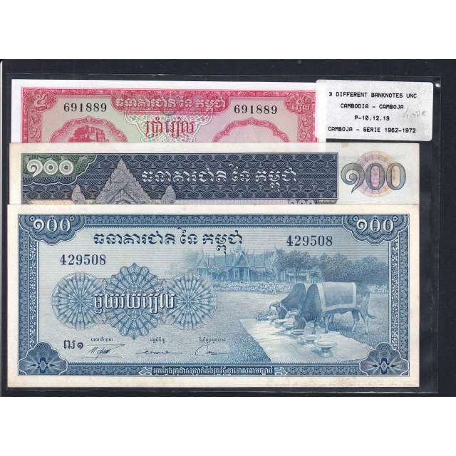 Cambodja - Lote de 3 Notas Diferentes - Serie 1962-1972 (Não Circuladas)