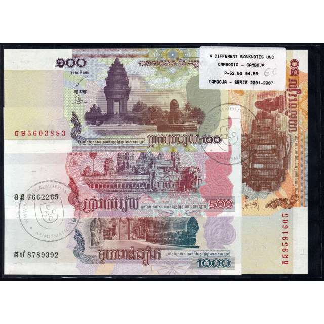 Cambodja - Lote de 4 Notas Diferentes - Serie 2001-2007 (Não Circuladas)
