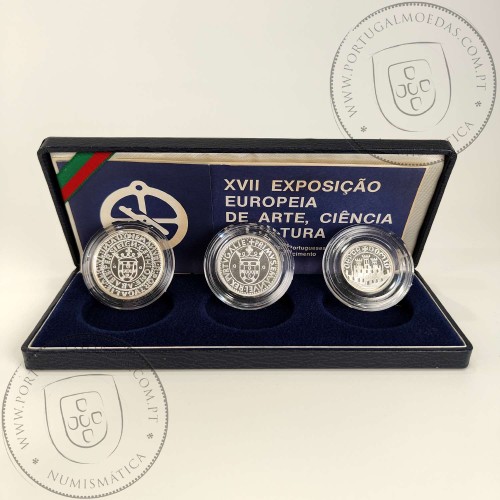 Moedas prata proof XVII Exposição Europeia de Arte, Ciência e Cultura 1983, 500$00, 750$00, 1000$00 em estojo com certificado