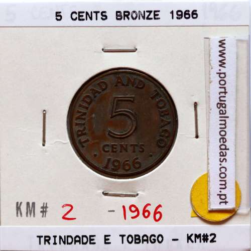 Trindade e Tobago, 5 Cents 1966 Bronze, (MBC), World Coins Trinidad and Tobago KM 2