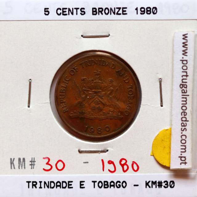 Trinidad and Tobago, 5 Cents 1980 Bronze, (VF), World Coins Trinidad and Tobago KM 30
