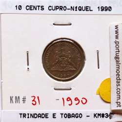 Trindade e Tobago, 10 Cents 1990 cuproníquel, (MBC), World Coins Trinidad and Tobago KM 31