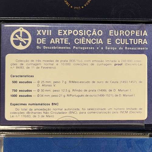 BNC, moedas da XVII Exposição Europeia 1983,  500$00, 750$00 e 1000$00, Carteira da INCM em PVC Azul Escuro legendada a dourado