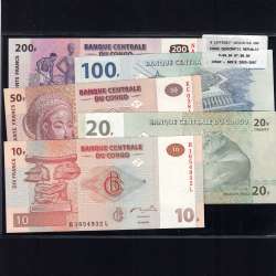 Congo - Lote de 5 Notas Diferentes-Serie 2003-2007 (Não Circuladas)