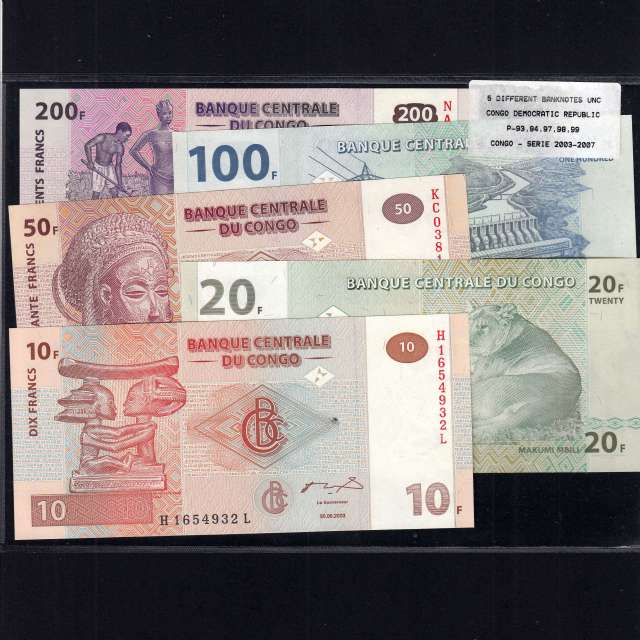 Congo - Lote de 5 Notas Diferentes-Serie 2003-2007 (Não Circuladas)