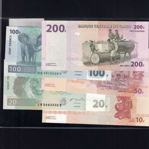 Congo - Lote de 5 Notas Diferentes-Serie 2003-2007 (Não Circuladas)
