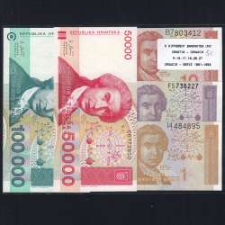 Croácia - Lote de 5 Notas Diferentes-Serie 1991-1993 (Não Circuladas)