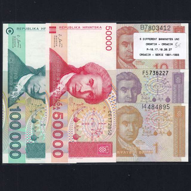 Croatia - Lot of 5 Different Banknotes - Serie 1991-1993 (Uncirculated)