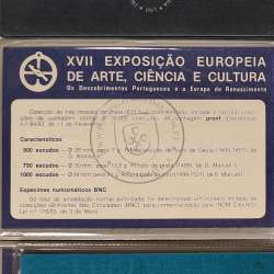 BNC, moedas da XVII Exposição Europeia 1983,  500$00, 750$00 e 1000$00, Carteira da INCM veludo Azul marinho legendada a branco