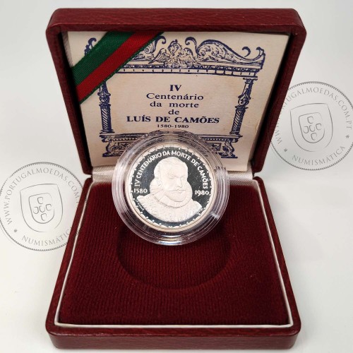 Proof 1000$00 Luis de Camões 1980 Prata, Estojo moeda prata Proof 1000 Escudos 1983, IV Centenário da Morte de  Camões 1580-1980