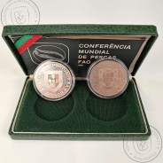 PROOF, 250$00 1984 FAO prata e cuproníquel, Estojo com duas moedas Proof e BNC da Conferência Mundial de Pescas FAO 1984, KM626a
