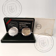PROOF, 250$00 1984 FAO prata e cuproníquel, Estojo com duas moedas Proof e BNC da Conferência Mundial de Pescas FAO 1984, KM626a