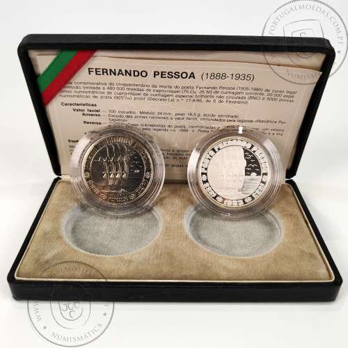 Portugal, PROOF 100 Escudos 1985 Fernando Pessoa silver Proof and Copper-nickel BNC of Poet Fernando Pessoa, with Case, KM 628
