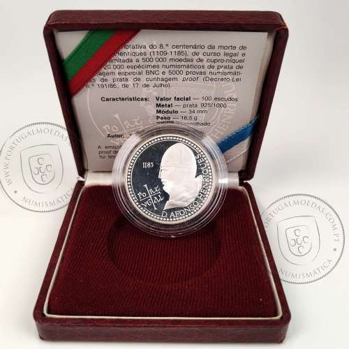 Proof 100 Escudos D. Afonso Henriques 1985 Prata, Estojo moeda prata Proof 100$00 1985 D. Afonso Henriques, Portugal KM 629a