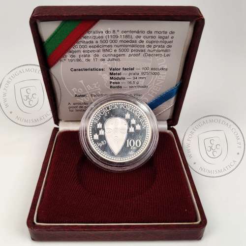 Portugal, Proof coin 100 Escudos Afonso Henriques 1985 Silver, coin 100 Escudos 1985 D. Afonso Henriques, with Case, KM 629a