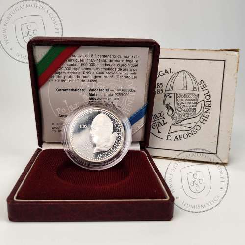 Proof 100 Escudos D. Afonso Henriques 1985 Prata, Estojo moeda prata Proof 100$00 1985 D. Afonso Henriques, Portugal KM 629a