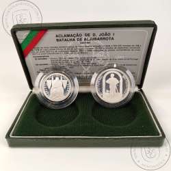 Portugal, Silver coins of Battle of Aljubarrota 25 Escudos and 100 Escudos 1985, PROOF coin case from the Battle of Aljubarrota