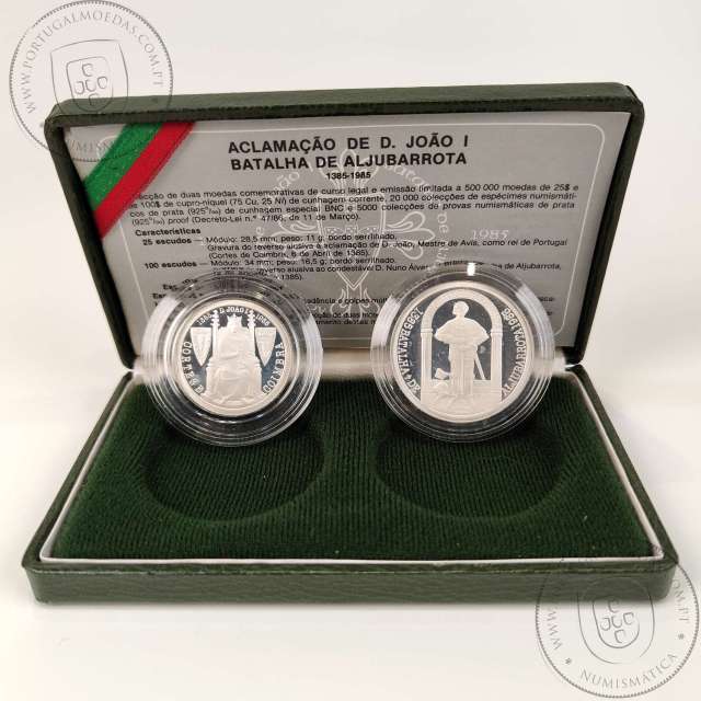 Prata Proof, Batalha de Aljubarrota 25 Escudos e 100 Escudos 1985, Estojo moedas PROOF do VI Cent. da Batalha de Aljubarrota