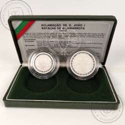 Prata Proof, Batalha de Aljubarrota 25 Escudos e 100 Escudos 1985, Estojo moedas PROOF do VI Cent. da Batalha de Aljubarrota