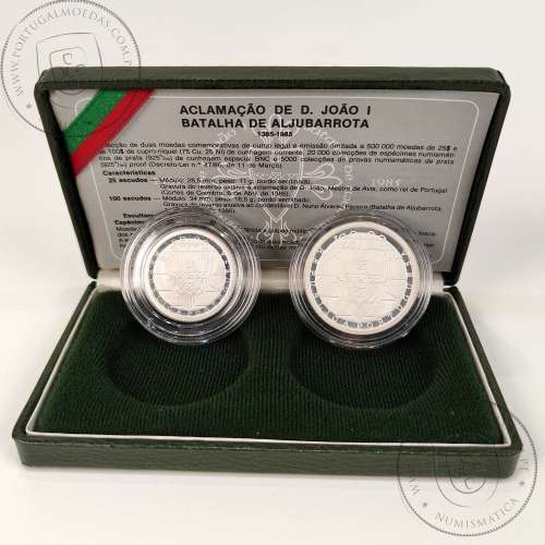 Prata Proof, Batalha de Aljubarrota 25 Escudos e 100 Escudos 1985, Estojo moedas PROOF do VI Cent. da Batalha de Aljubarrota