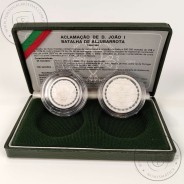 Portugal, Silver coins of Battle of Aljubarrota 25 Escudos and 100 Escudos 1985, PROOF coin case from the Battle of Aljubarrota