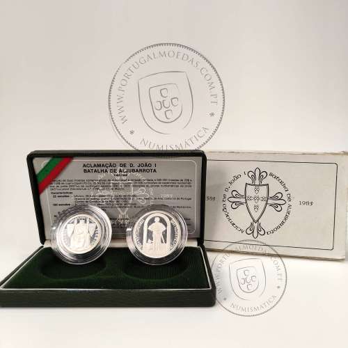 Prata Proof, Batalha de Aljubarrota 25 Escudos e 100 Escudos 1985, Estojo moedas PROOF do VI Cent. da Batalha de Aljubarrota