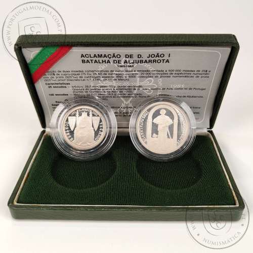 Portugal, Silver coins of Battle of Aljubarrota 25 Escudos and 100 Escudos 1985, PROOF coin case from the Battle of Aljubarrota