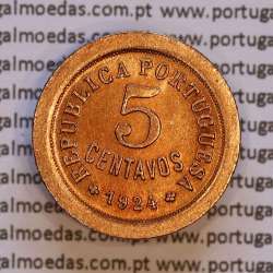 Portugal coin 5 centavos 1924 bronze of Portuguese Republic, (XF), World Coins Portugal KM 572