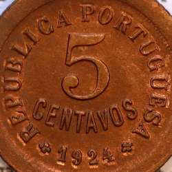 Portugal, minting error in 5 Centavos 1924 Bronze, five centavos 1924 ($05) Republica Portuguesa, World Coins Portugal KM 572