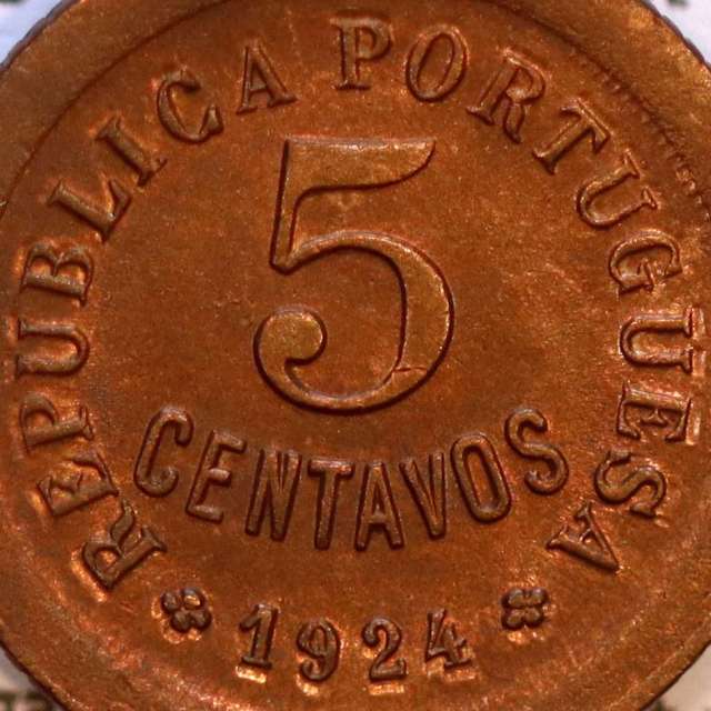 Defeito de cunhagem em 5 Centavos 1924 Bronze, cinco centavos 1924 ($05) Republica Portuguesa, World Coins Portugal KM 572