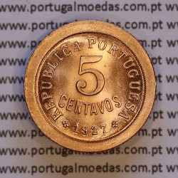 Portugal, 5 Centavos 1927 Bronze, Five Cents 1927 ($05) Portuguese Republic, (BU/UNC), World Coins Portugal KM 572 Portugal, 5 Centavos 1927 Bronze, Five Cents 1927 ($05) Portuguese Republic, (BU/UNC), World Coins Portugal KM 572