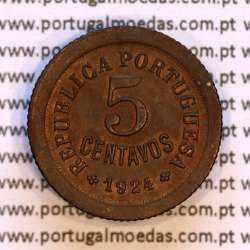 5 Centavos 1924 Bronze, cinco centavos 1924 ($05) Republica Portuguesa, (Bela), World Coins Portugal KM 572