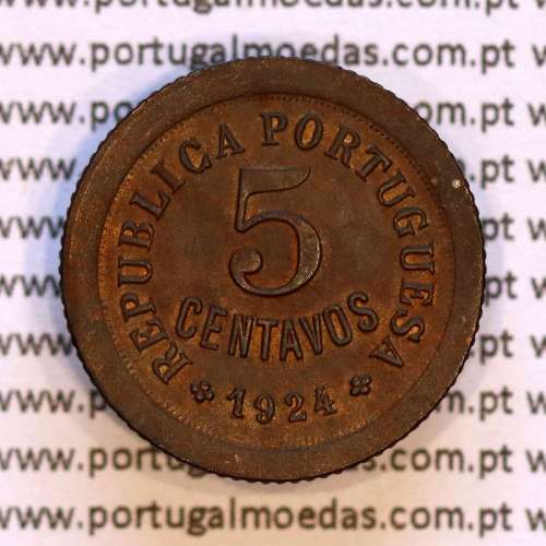 Portugal, 5 centavos 1924 bronze of Portuguese Republic, (XF), World Coins Portugal KM 572