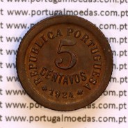 5 Centavos 1924 Bronze, cinco centavos 1924 ($05) Republica Portuguesa, (Bela), World Coins Portugal KM 572