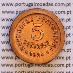 Portugal, 5 centavos 1924 bronze of Portuguese Republic, (VF+), World Coins Portugal KM 572