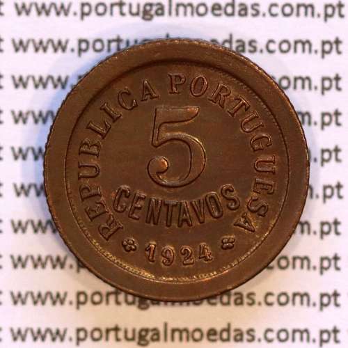 Portugal coin 5 centavos 1924 bronze of Portuguese Republic, (XF), World Coins Portugal KM 572