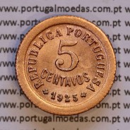 Portugal, 5 centavos 1925 bronze of Portuguese Republic, (XF), World Coins Portugal KM 572