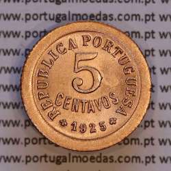5 Centavos 1925 Bronze, $05 centavos 1925 da Republica Portuguesa, (Bela), World Coins Portugal KM 572