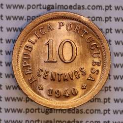 10 centavos 1940 Bronze, "$10" dez centavos 1940 Bronze Republica Portuguesa, (Soberba), World Coins Portugal KM 573