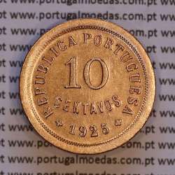 Portugal, 10 centavos 1925 Bronze or $10 centavos bronze 1925 of the Portuguese Republic, (VF+/XF), World Coins Portugal KM 573
