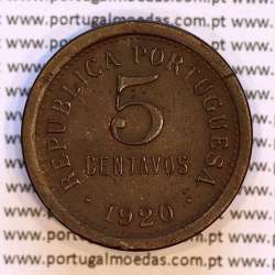 Portugal, coin of 5 centavos 1920 Bronze, $05 centavos 1920 Portuguese Republic, (VF+), World Coins Portugal KM 569