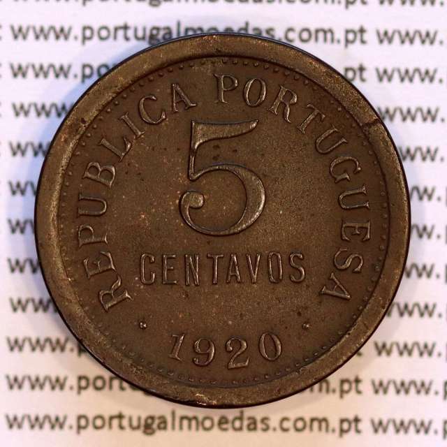 5 centavos 1920 Bronze, $05 centavos 1920 Republica Portuguesa, (MBC+), World Coins Portugal  KM 569