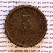Portugal, coin of 5 centavos 1920 Bronze, $05 centavos 1920 Portuguese Republic, (VF+), World Coins Portugal KM 569