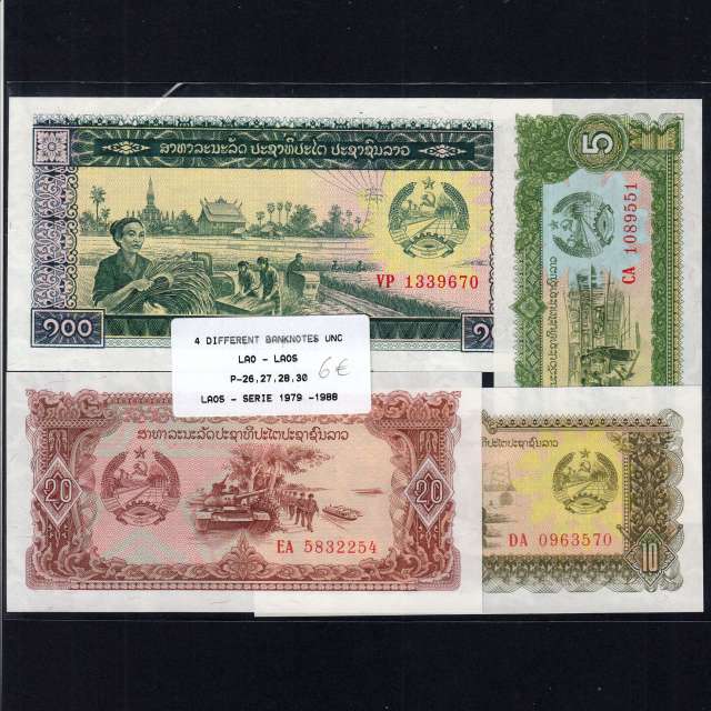 Laos - Lote de 4 Notas Diferentes - Serie 1979-1988 (Não Circuladas)